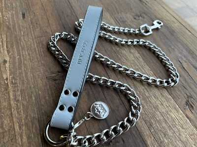Chain Dog Leash Silver  Metal With Gray Genuine Leather Handle  5ft By Bek&Co - Image 1 of 4