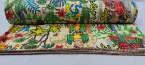 Indian Hand Block Beige Queen Size Cotton Kantha Quilt Throw Blanket Bedspread - Picture 1 of 7