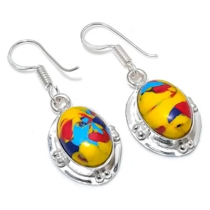 Mosaic Jasper Gemstone Handmade 925 Sterling silver Earring Size 1.5'' - Picture 1 of 1