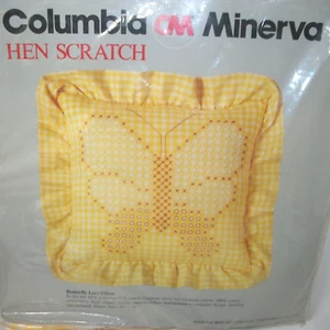 VTG Columbia Minerva HEN SCRATCH Butterfly Lace Pillow Kit Gingham Yellow NOS - Picture 1 of 12