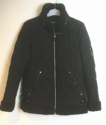 Ralph Lauren Women S Puffer Jacket Black Quilted Zip Snaps Faux Fur Logo - Image 1 of 4