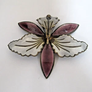 VTG Norway Sterling Silver Purple & White Enamel Guilloche Orchid Brooch C681 - Picture 1 of 11