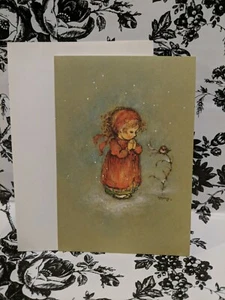 Vintage Mary Hamilton Weihnachtskarte kleines Mädchen betender Vogel grüner Baum neu unbenutzt - Bild 1 von 6