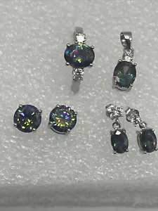 Sterling Silver Set of 2 Pairs Of Earrings Pendant No Necklace Ring Size 8 - Picture 1 of 17