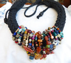 African Trade Beads Ringlets Necklace, Yarn Necklace, with gemstones