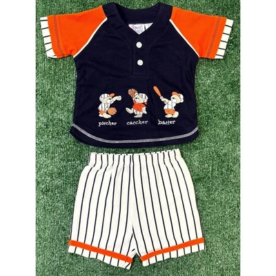 Conjunto de 2 pantalones cortos vintage Y2K pequeños pasos talla 24 M azul naranja osos de béisbol Foto 1 de 4
