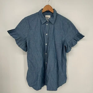 J Crew Bluse Damen 12 blau klassische Passform Chambray Rüschenärmel Hemd Knopfleiste - Bild 1 von 5