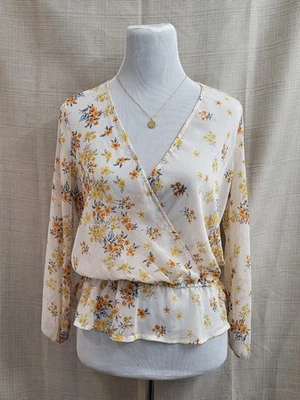 Blusa floral transparente Meraki para mujer marfil naranja amarillo manga larga cuello en V talla pequeña Foto 1 de 4