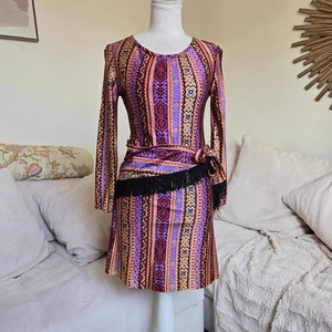 Vtg 1960s S Boho Fringe Dress Purple Long Sleeve Mini Youthquake Patterned Dress - Picture 1 of 7