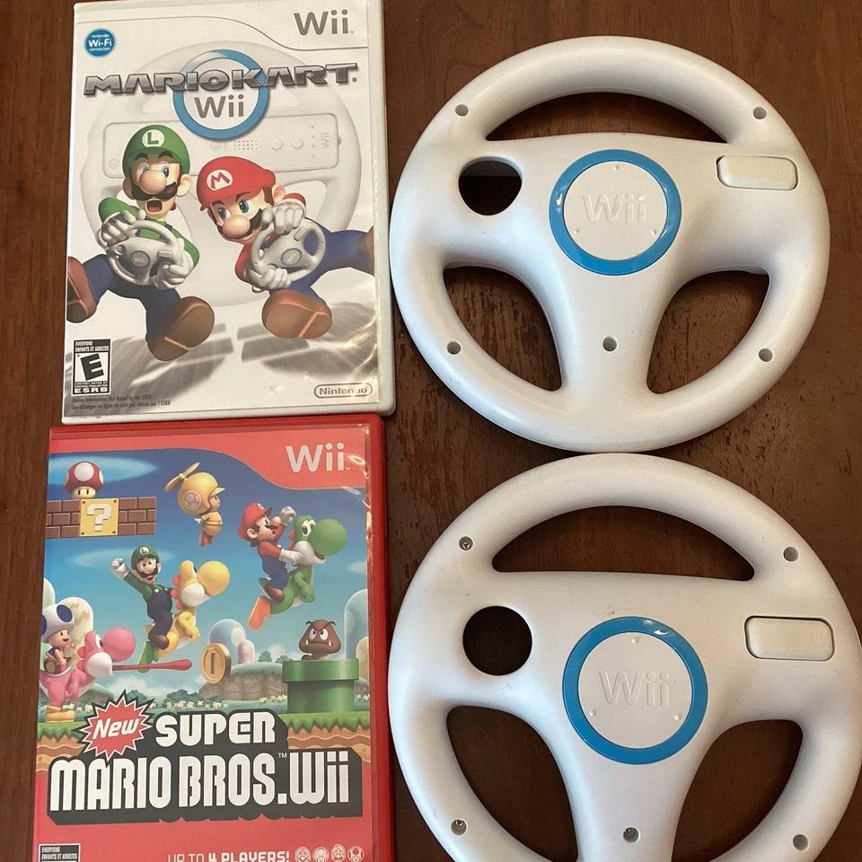 Nintendo Wii Mario Kart Plus Racing Wheels & Super Mario Bros Game Disc Works - image 1 of 4