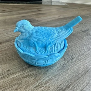 Vintage Hsinchu blaue Schlacke Milchglas Taube Vogel auf Nest Waschtisch Süßigkeiten Schale mit Deckel Schüssel - Bild 1 von 9
