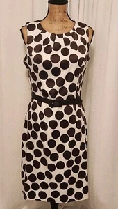 Dressbarn Women's 10 Ivory & Brown Polka Dot Sleeveless Satin Belt Sheath Dress - Picture 1 of 8