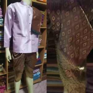 Thai Wrap Pants Men Shirt Suit Mandarin Collar Wedding Custume Work violet color - Picture 1 of 1