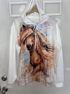 Felpa/Felpa con cappuccio Horse White pull over leggera tasca frontale nuova senza etichette - Foto 1 di 6