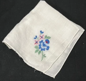 Vintage Collectible White Cotton Handkerchief Hand Embroidered Blue Pink Flowers - Picture 1 of 3