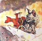 Original Watercolor Art Sphynx Cat Painting Animal Artwork Pet Portrait 15"X15"
