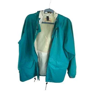 Vintage LL Bean Herren große Regenjacke Gore-Tex Kapuzenmantel mit durchgehendem Reißverschluss blaugrün UNTEN - Bild 1 von 10