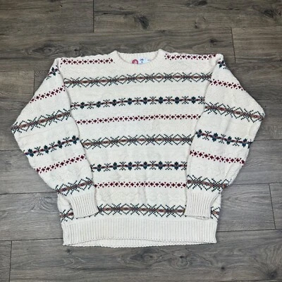 Vintage Isle of Cotton Sweater Adult XL Tall White Striped Chunky Knit USA Made - Image 1 of 4