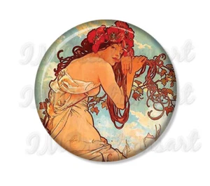 Alphonse Mucha Summer Lady Vintage Art Pocket Mirror, Magnet, or Pin 2.25" - Picture 1 of 4