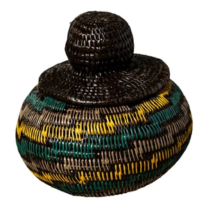 Green Gold And Gray Swirl Woven Basket With Top - Picture 1 of 13