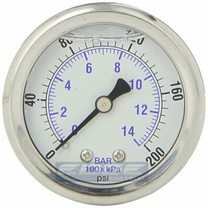 LIQUID FILLED PRESSURE GAUGE 0-200 PSI, 2" FACE, 1/4" BACK MOUNT - Picture 1 of 3