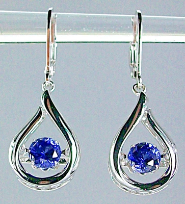 Round Lab Created FLOATING Sapphire Drop/Dangle lever back Earrings .925 Silver - Image 1 of 4