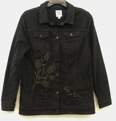 LuLaRoe Black Denim Harvey Jacket w/Black Embroidered Roses Women's XL - Image 1 of 4