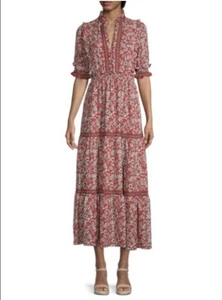 Maxi Vestido Max Studio Rojo Floral Pradera En Niveles Largo Volantes Falda Boho M - Imagen 1 de 11