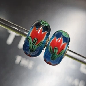 Trollbeads Orange Tulip Flower Unique Set Glass Bead OOAK - Picture 1 of 3