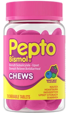 Pepto Bismol Masticables, Sabor Berry Mint, 70 Comprimidos Masticables Foto 1 de 2