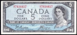 Canada 1954 $5 Five Dollar Devil's Face Banknote Beattie - Coyne  E/C 7434417 - Foto 1 di 2