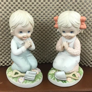 Vintage Homco Keramik 2 tlg Set Junge & Mädchen betend 1452 kniend im Garten Frühling - Bild 1 von 12