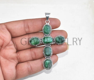 Colgante Cruz Piedras Preciosas Esmeralda Joyería Étnica Chapado en Plata de Ley 925 FP-35 Foto 1 de 4