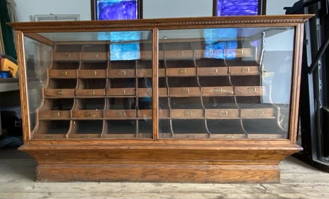 Antique Mercantile Store Heavy Display Cabinet 35 Drawer Oak With Glass Cover
