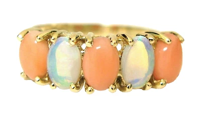 Ópalo oro amarillo 14k, con cabujón ovalado coral rosa y óvalo australiano Foto 1 de 4
