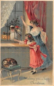EMB SANTA IN GRAY AT WINDOW, WOMAN & CHILD WAVING, B.W. PUB #291 used c 1903-06 - Picture 1 of 2
