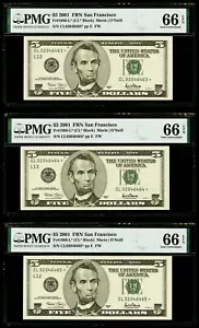 $5 2001 FR*N San Francisco Fr#1988-L* "3 Consecutive Serial #" PMG 66 EPQ Gem UN - Picture 1 of 3