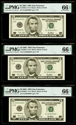 $5 2001 FR*N San Francisco Fr#1988-L* "3 Consecutive Serial #" PMG 66 EPQ Gem UN - Image 1 of 3