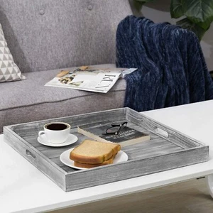 19-inch Large Square Rustic Whitewashed Gray Wood Ottoman Tray w/ Cutout Handles - Picture 1 of 7