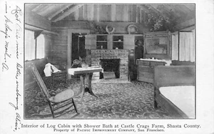 LOG CABIN INTERIOR 1909 CASTLE CRAGS FARM, SHASTA, CA, VINTAGE POSTCARD (SB 669) - Picture 1 of 2