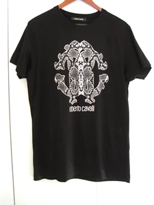 ROBERTO CAVALLI T-shirt Black Logo Snake Skin Graphic Short Sleeve Men's XL Slim - Picture 1 of 10