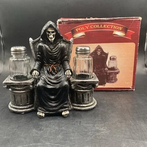 Halloween Gothic Seated Grim Reaper Salt and Pepper Shaker Set With Box - Picture 1 of 17