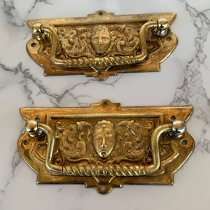 Antique Brass Drawer Pull Handles 2 Ornate Victorian Face Pair Patina 4.5 x 2.5" - Picture 1 of 6