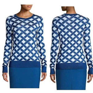 Hugo Boss Fadenia Superfine Jacquard Virgin Wool Blend Knit Sweater Blue XS $248 - Picture 1 of 10