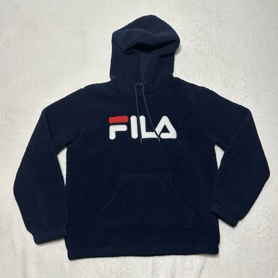 FILA 经典刺绣大标志拼字夏尔巴深绒连帽衫 M — 第 1/4 张图片