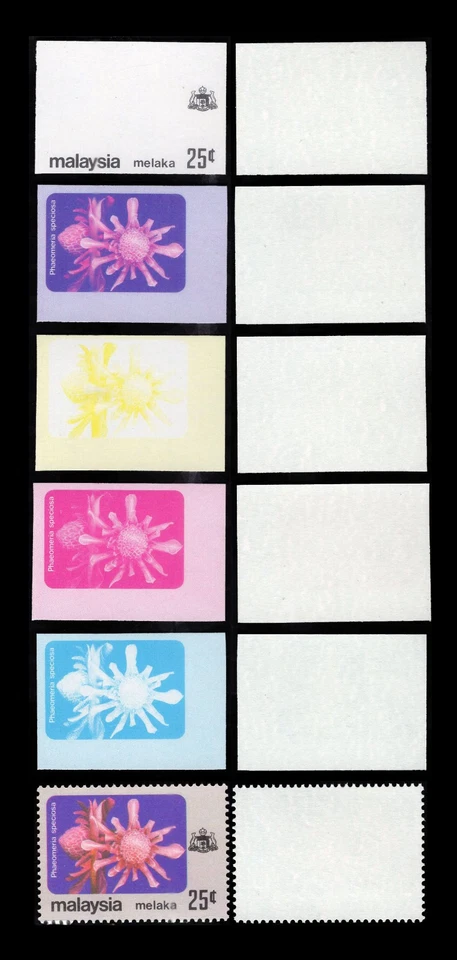Malaysia 1979 Flowers imperf proof - Malacca 25c 5 different stages. - Image 1 of 1