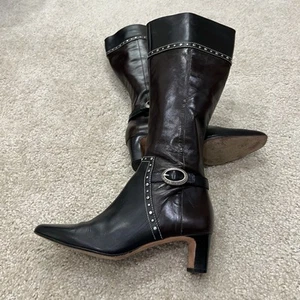 Brighton Taos Brown Black Tall Silver Studded Leather Boots Heeled Buckle Sz 7.5 - Picture 1 of 24