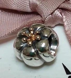 Pandora Retired Two Tone Flower Bud Authentic Retired Charm 14kt 925 SS - Bild 1 von 3