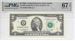 2009 Dallas $2 FRN Lucky Money KR Block PMG 67 EPQ Superb Gem Unc. (K8888xxxxR) - Picture 1 of 6