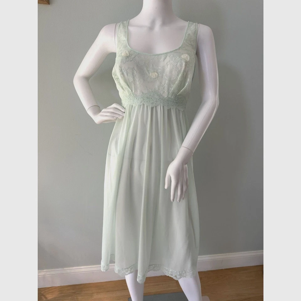 1960s Vintage Mint Green Sheer Lace Midi Nightgown Slip Dress size 36 Medium - Image 1 of 4